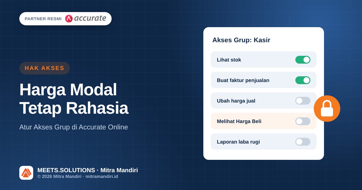 Ilustrasi pengaturan hak akses Accurate Online untuk menyembunyikan harga beli